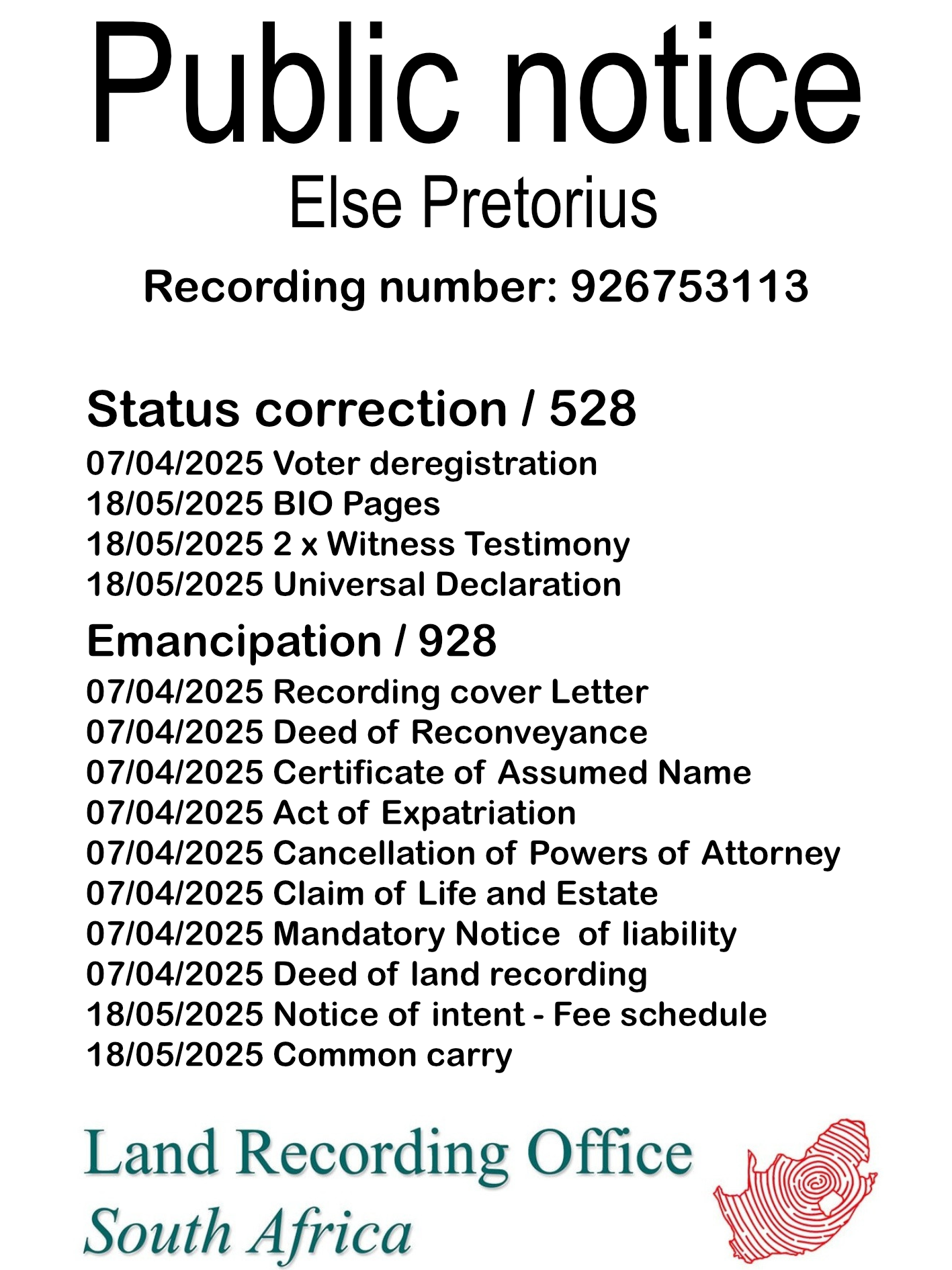 Public Notice Else Pretorius (c) Recording number 926753113